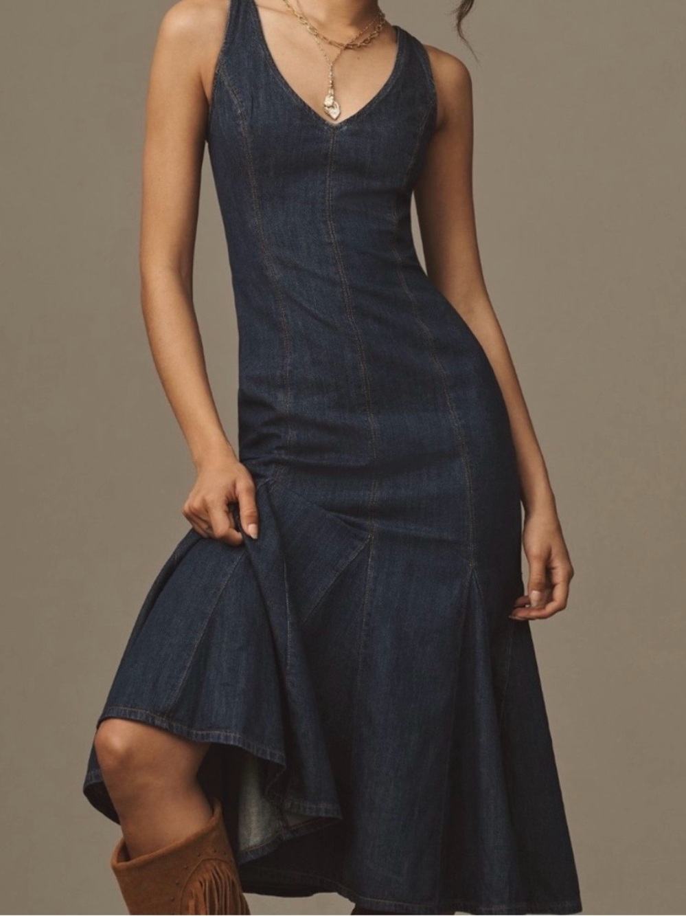 Reformation Dark Indigo Denim High-Low V-Neck Dress. New with tags.